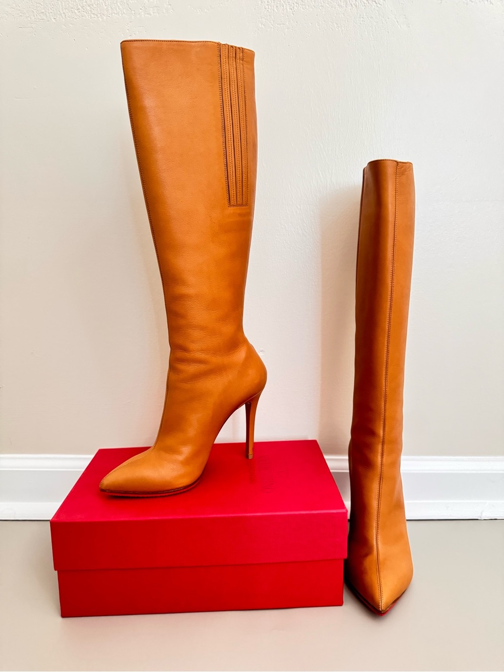 Christian Louboutin Kate Botta 85 Knee High Boots Tan Calf Leather Red Sole